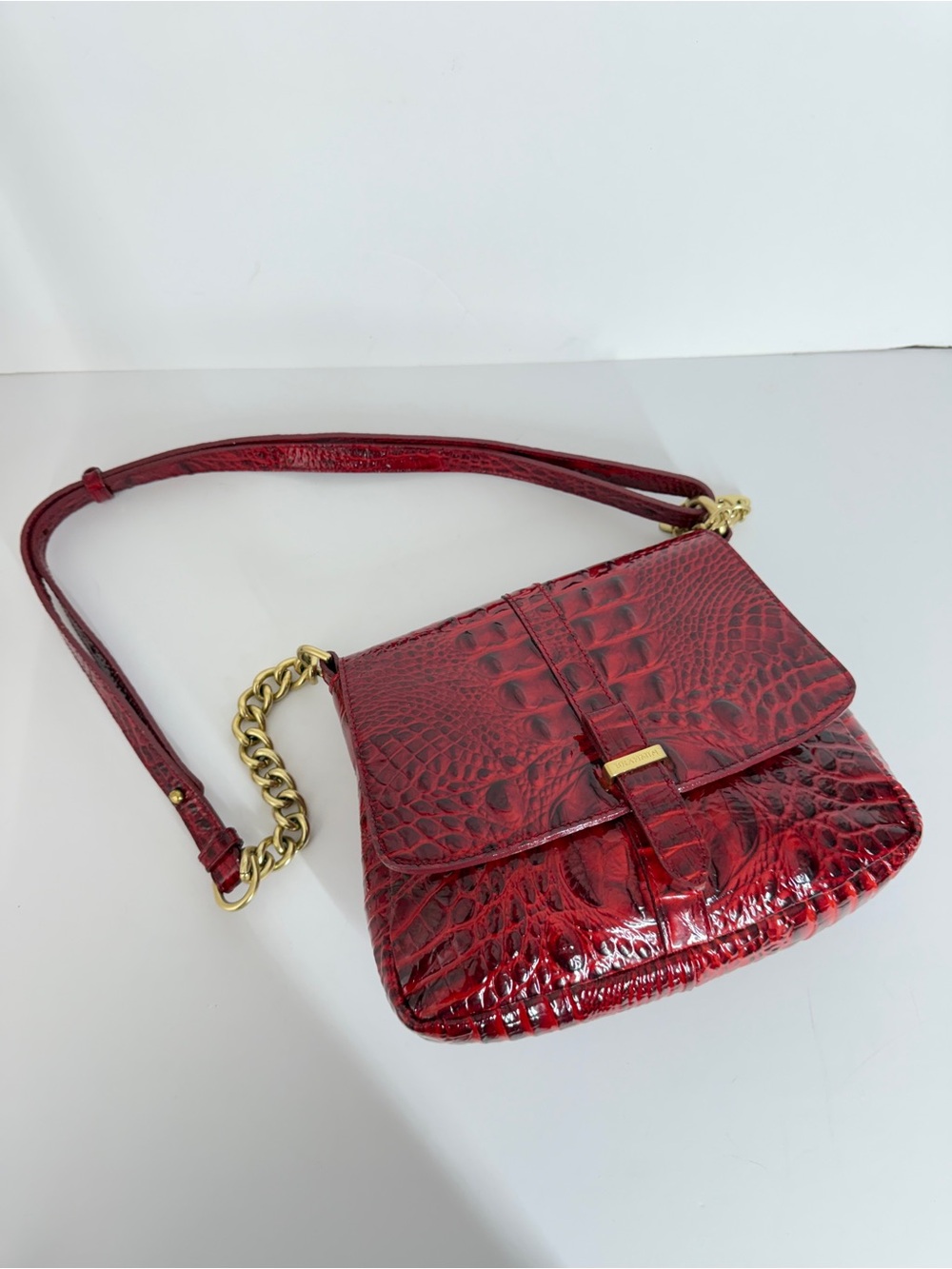 Vtg Brahmin Women's Shoulder Bag Red Croc Embossed Leather Small Gold Chain Lux